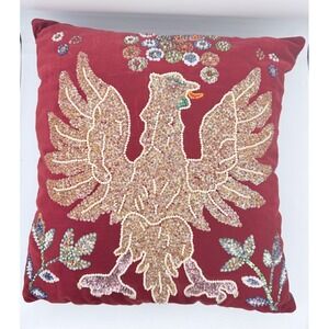Vtg Handmade Red Velvet Beaded Polish Coat Of Arms White Eagle Emblem 16" Pillow